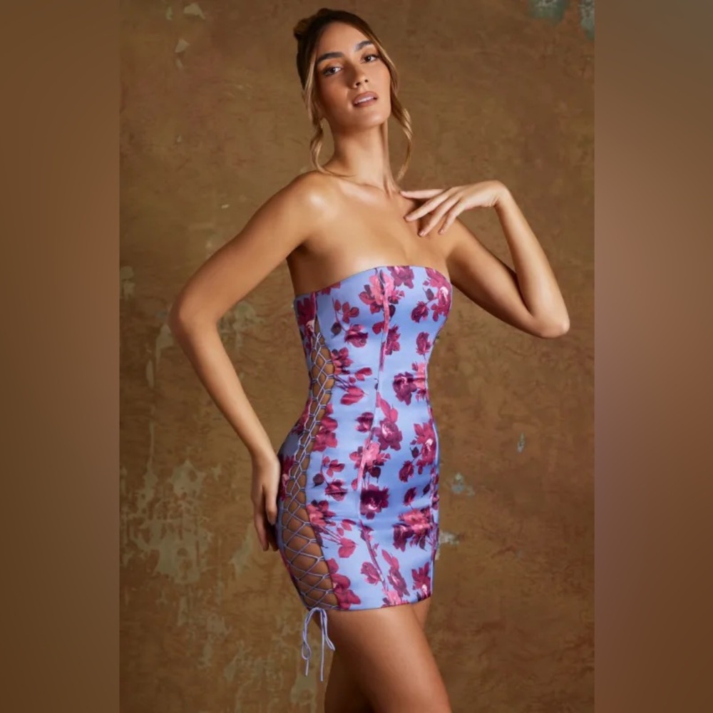 NWT OH POLLY kadriye Lace up sides Corset dress FLORAL SATIN SIZE 12 purple‎